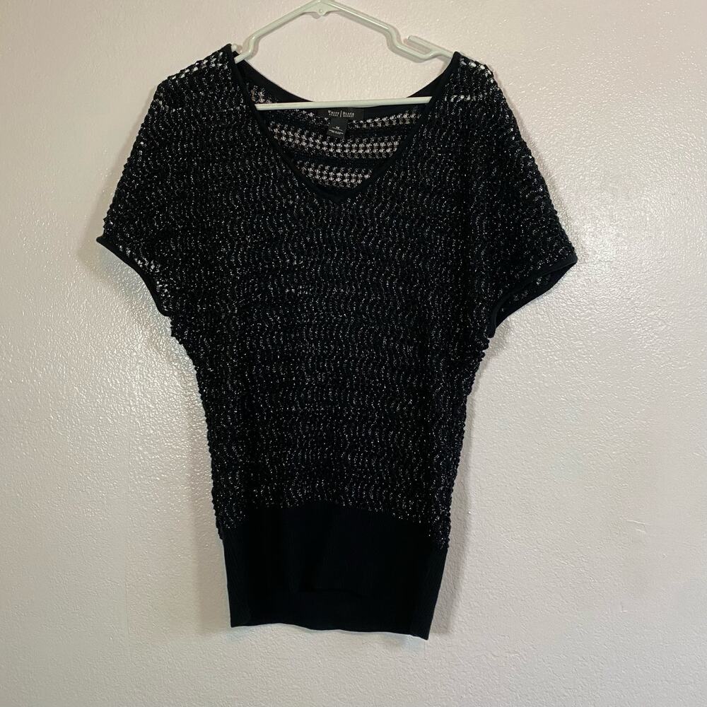 Trendy Sparkly Knit V Neck Short Sleeve Sweater Top Size M